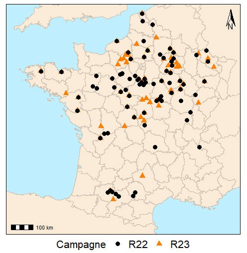 Carte 1 : Répartition de la provenance des 195 échantillons analysés (récoltes 2022 et 2023)