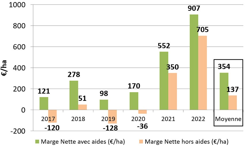 Figure 4 : Evolution des marges nettes avec et sans aides de l’exploitation CAP du Futur de Boigneville et la moyenne 2017-22