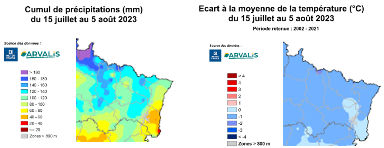 Cartes 1 et 2 : Offre climatique du 15 juillet au 5 août 2023