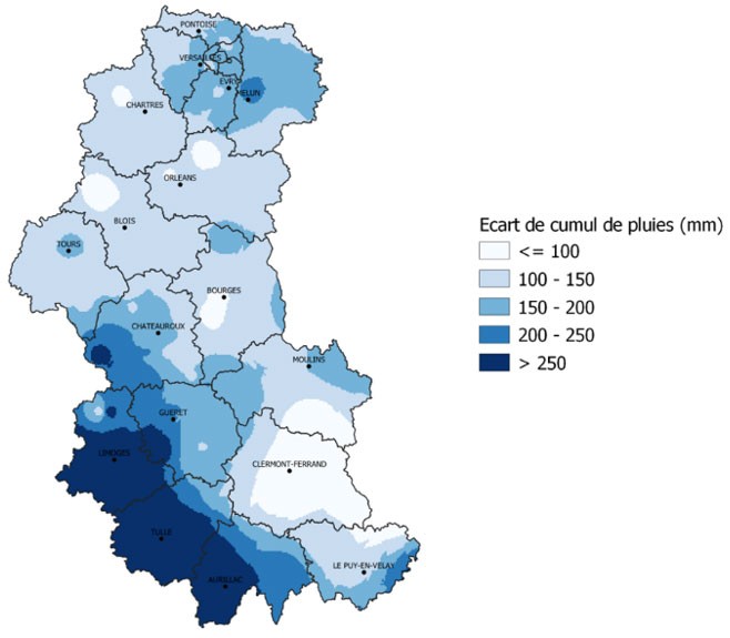 Carte 1 : Ecart de précipitation (mm) entre le 1er octobre 2023 et le 31 mars 2024 par rapport à la moyenne sur 20 ans : sud Île-de-France, Centre-Val de Loire, Auvergne et Limousin