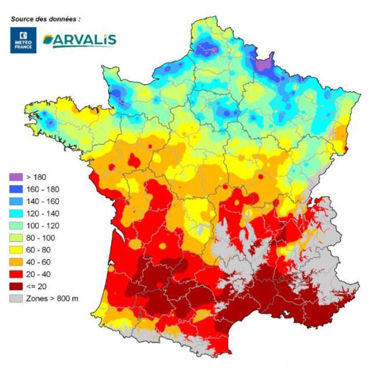 Ecart à la moyenne de la température (°C) du 15 juillet au 5 août 2023 